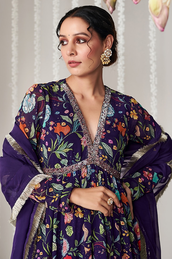 Purple Georgette Floral Printed Party Wear Sharara Set by Blooming Threads at Pernia's Pop Up Shop