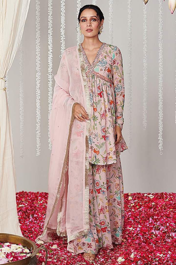 Pearl Pink Georgette Floral Printed Party Wear Sharara Set by Blooming Threads at Pernia's Pop Up Shop