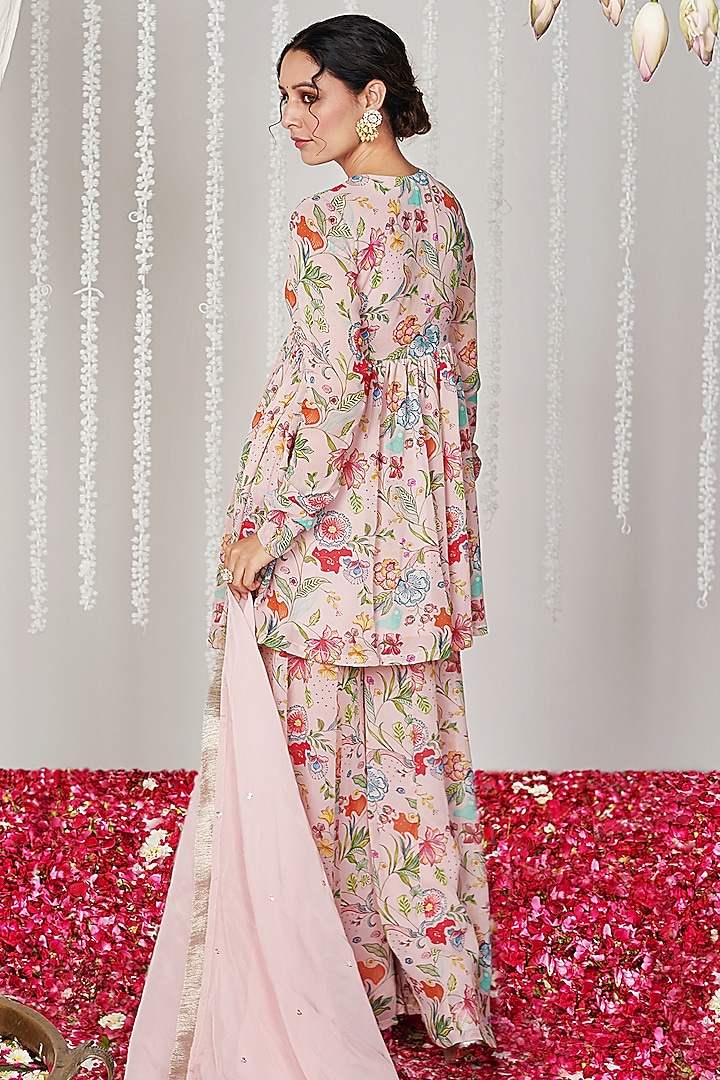 Pearl Pink Georgette Floral Printed Party Wear Sharara Set by Blooming Threads at Pernia's Pop Up Shop