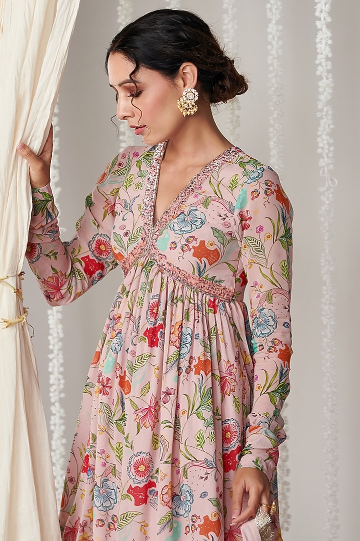 Pearl Pink Georgette Floral Printed Party Wear Sharara Set by Blooming Threads at Pernia's Pop Up Shop
