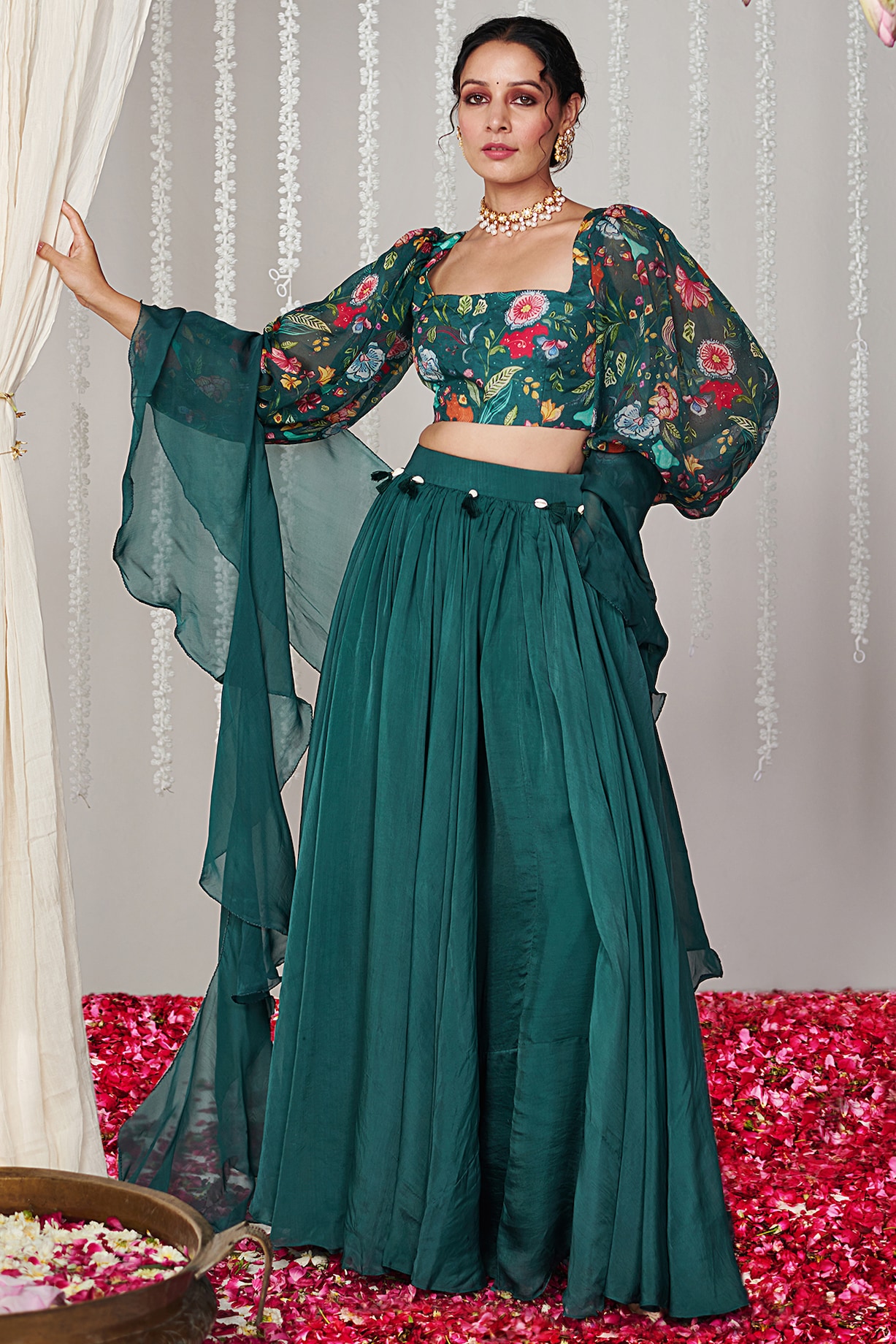 Botanical Green Silk Organza Lehenga Set by Blooming Threads at Pernia ...