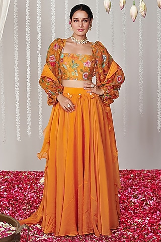 Orange Silk Organza Lehenga Set by Blooming Threads