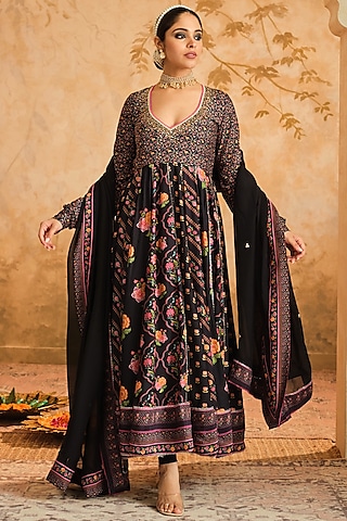 Black Cotton Silk Digital Boota Printed Kalidar Anarkali Set by Blooming Threads