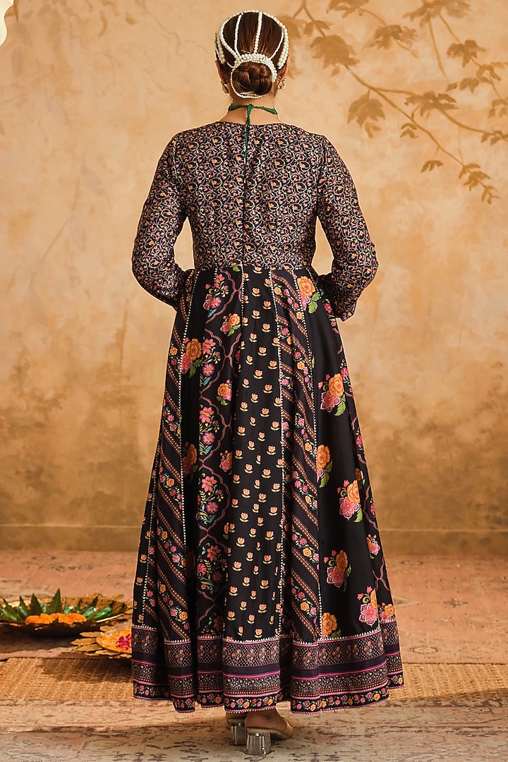 Black Cotton Silk Digital Boota Printed Kalidar Party Wear Anarkali Set by Blooming Threads at Pernia's Pop Up Shop