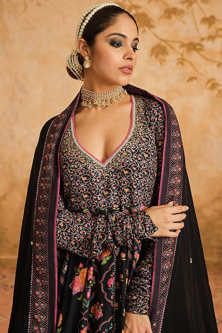 Black Cotton Silk Digital Boota Printed Kalidar Party Wear Anarkali Set by Blooming Threads at Pernia's Pop Up Shop