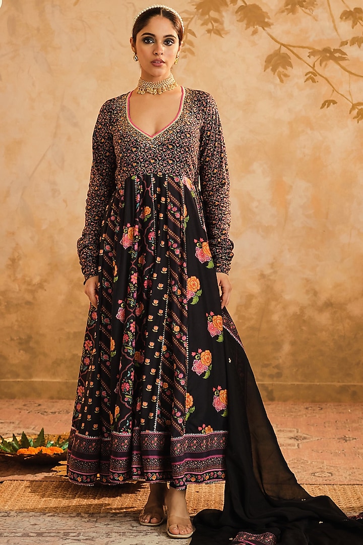 Black Cotton Silk Digital Boota Printed Kalidar Party Wear Anarkali Set by Blooming Threads at Pernia's Pop Up Shop