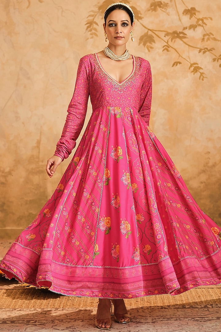 Hot Pink Cotton Silk Digital Boota Printed Kalidar Party Wear Anarkali Set by Blooming Threads at Pernia's Pop Up Shop