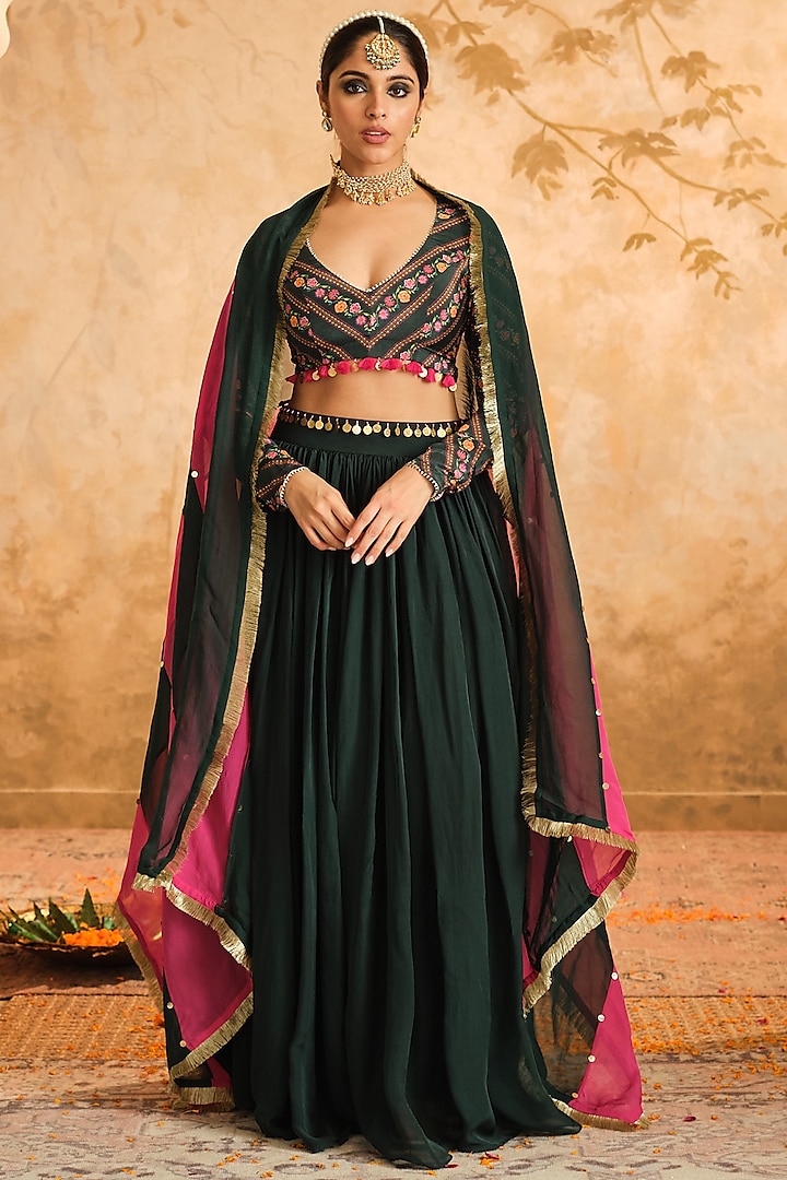 Bottle Green Organza Lehenga Set by Blooming Threads at Pernia's Pop Up Shop