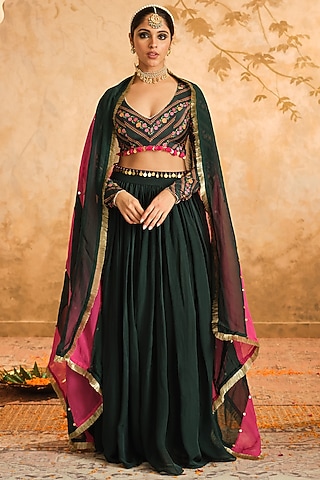 Bottle Green Organza Lehenga Set by Blooming Threads