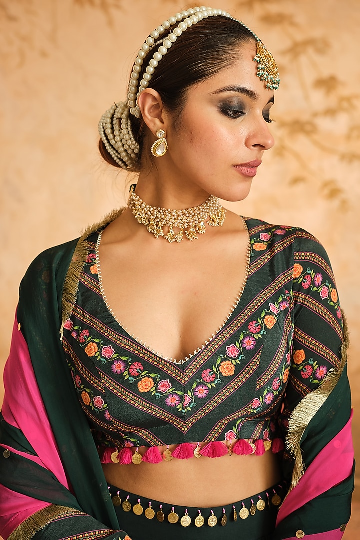 Bottle Green Organza Lehenga Set by Blooming Threads at Pernia's Pop Up Shop