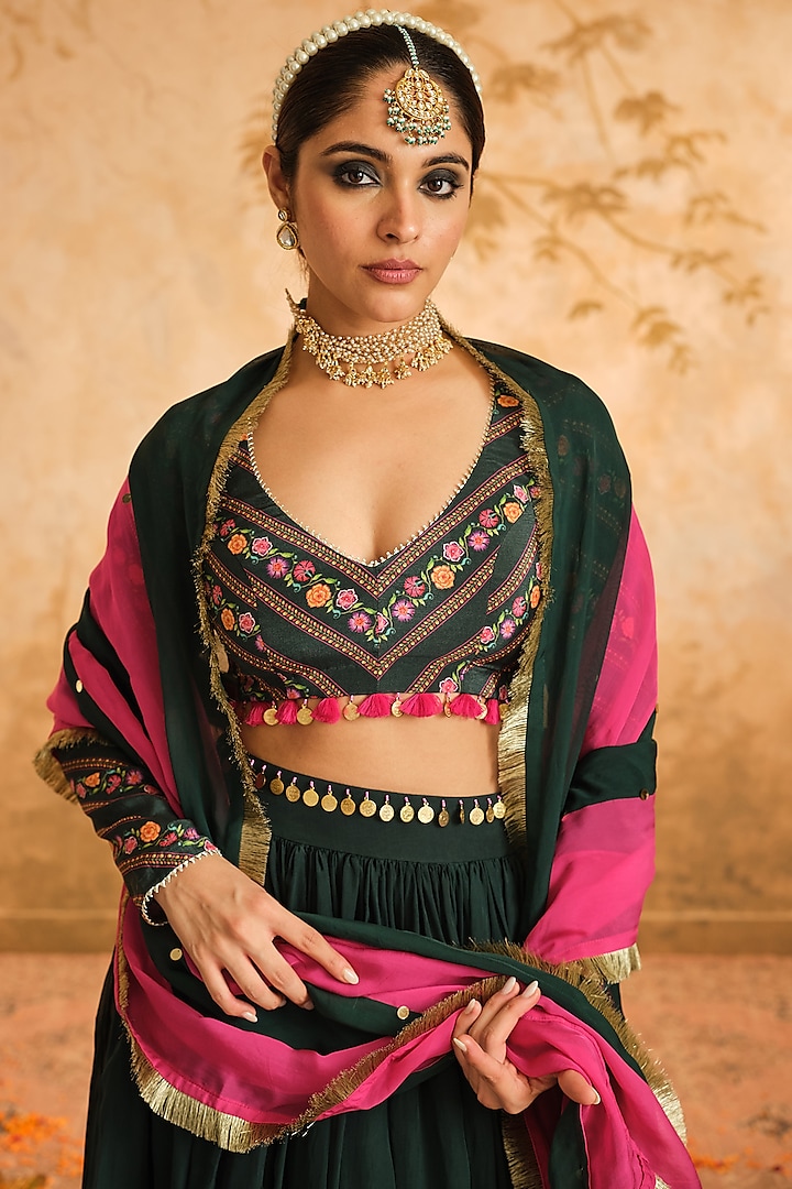 Bottle Green Organza Lehenga Set by Blooming Threads at Pernia's Pop Up Shop