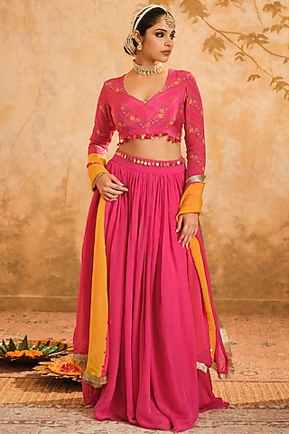 Hot Pink Organza Lehenga Set by Blooming Threads