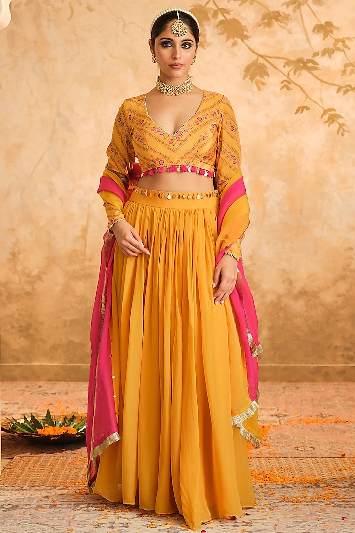 Mustard Organza Lehenga Set by Blooming Threads at Pernia's Pop Up Shop