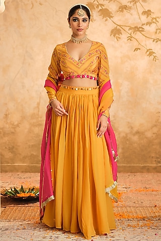Mustard Organza Lehenga Set by Blooming Threads