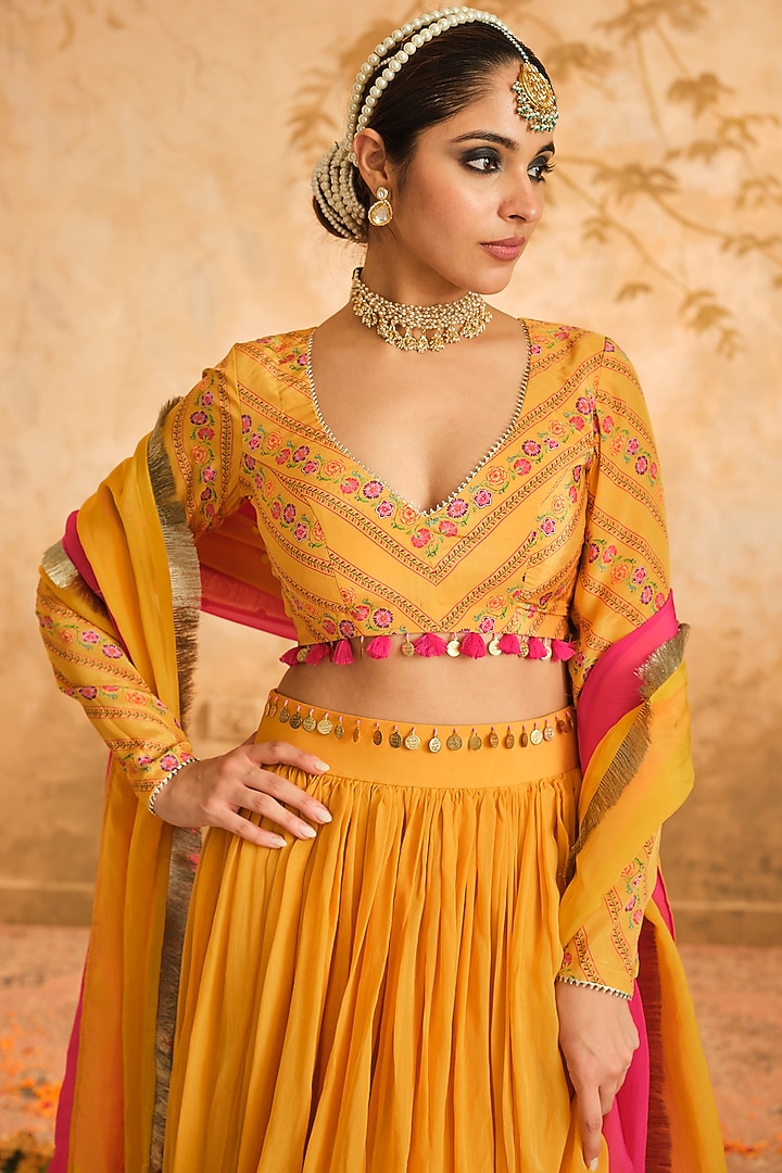 Mustard Organza Lehenga Set by Blooming Threads at Pernia's Pop Up Shop