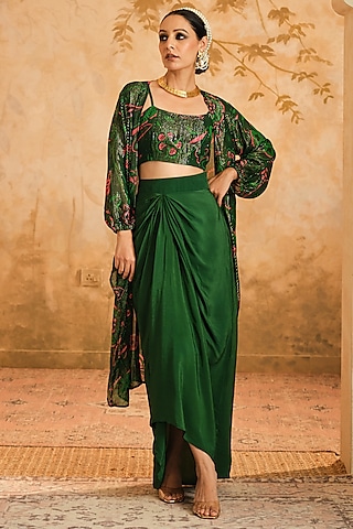 Green Lurex Georgette Digital Printed Cape Set by Blooming Threads