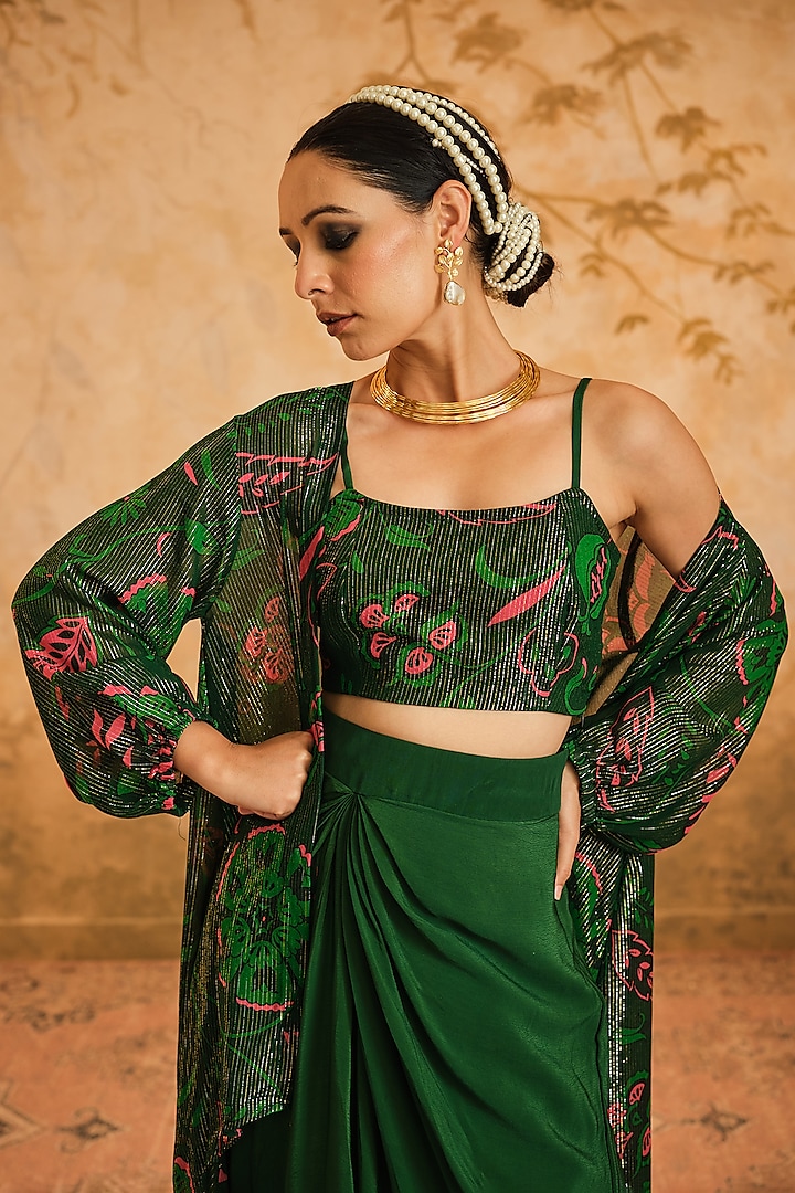 Green Lurex Georgette Digital Printed Cape Set by Blooming Threads at Pernia's Pop Up Shop
