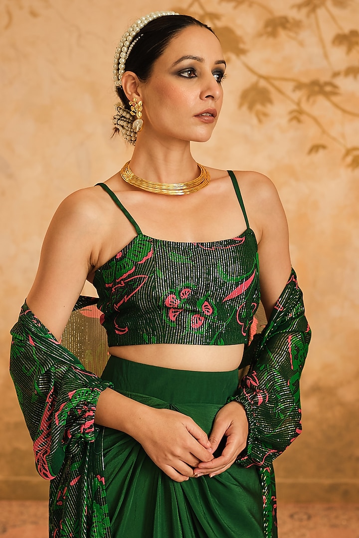 Green Lurex Georgette Digital Printed Cape Set by Blooming Threads at Pernia's Pop Up Shop