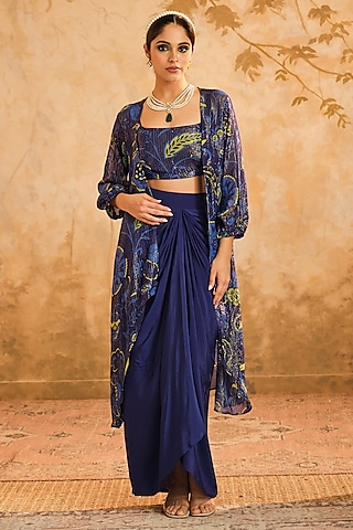 Blue Lurex Georgette Digital Printed Cape Set by Blooming Threads
