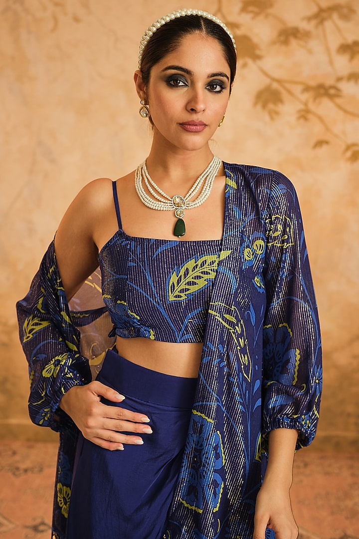 Blue Lurex Georgette Digital Printed Cape Set by Blooming Threads at Pernia's Pop Up Shop