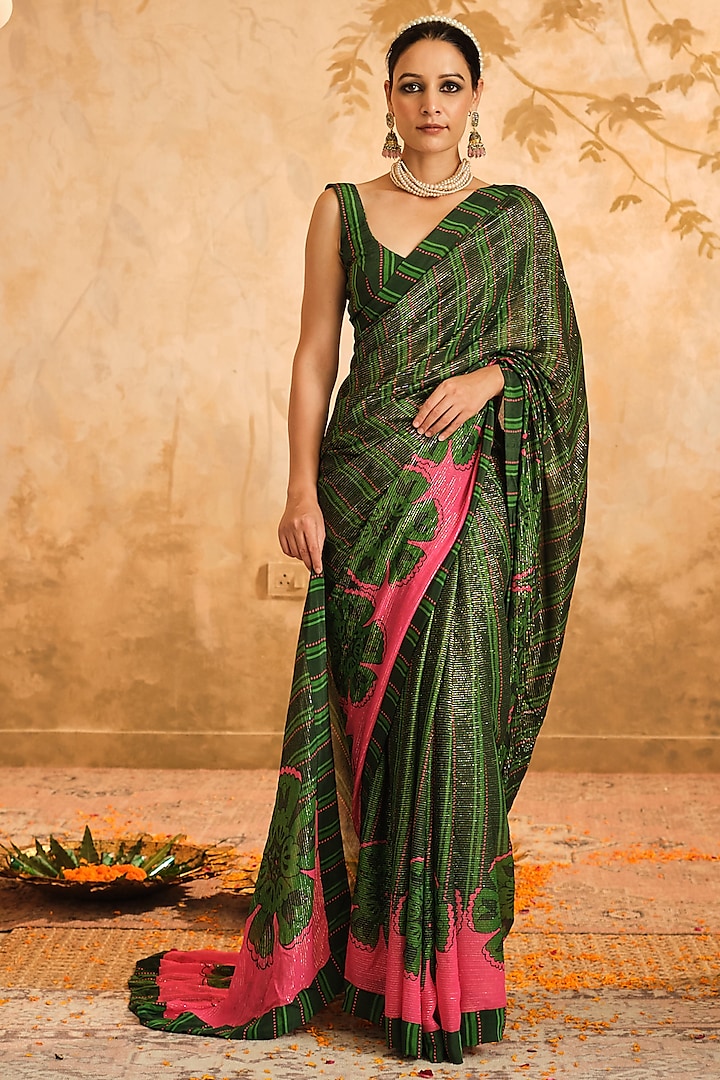 Green Lurex Georgette Floral Printed Saree Set by Blooming Threads at Pernia's Pop Up Shop