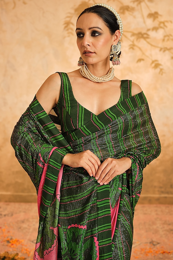 Green Lurex Georgette Floral Printed Party Wear Saree Set by Blooming Threads at Pernia's Pop Up Shop