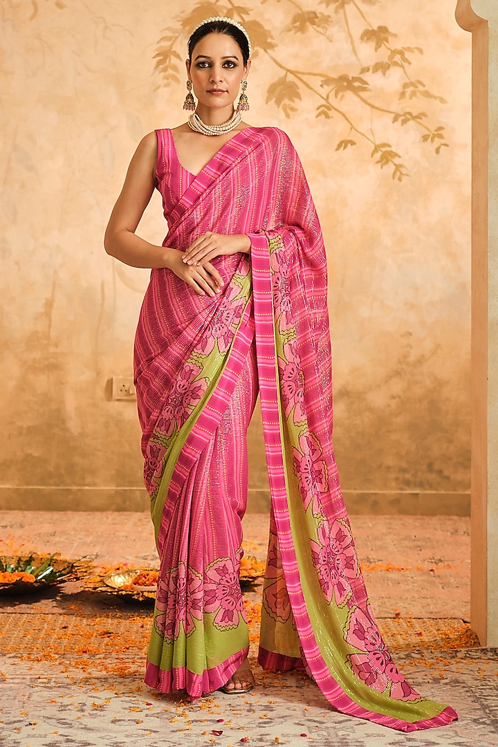 Pink Lurex Georgette Floral Printed Saree Set by Blooming Threads at Pernia's Pop Up Shop