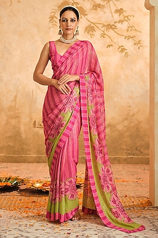 Pink Lurex Georgette Floral Printed Saree Set by Blooming Threads