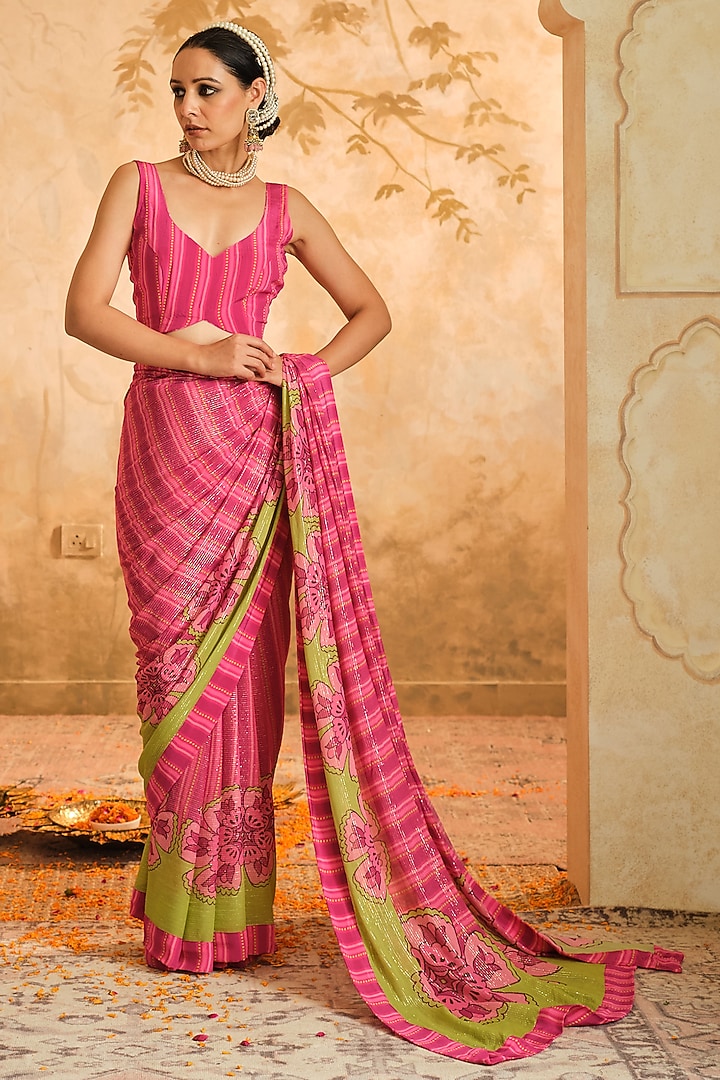 Pink Lurex Georgette Floral Printed Party Wear Saree Set by Blooming Threads at Pernia's Pop Up Shop