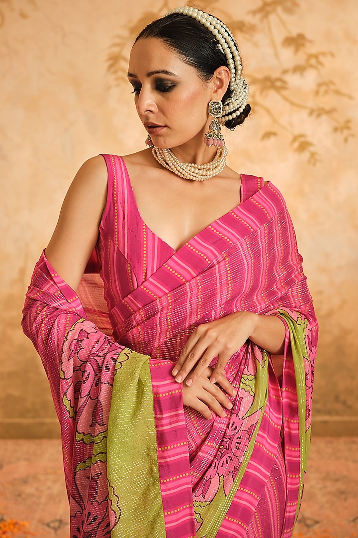 Pink Lurex Georgette Floral Printed Party Wear Saree Set by Blooming Threads at Pernia's Pop Up Shop