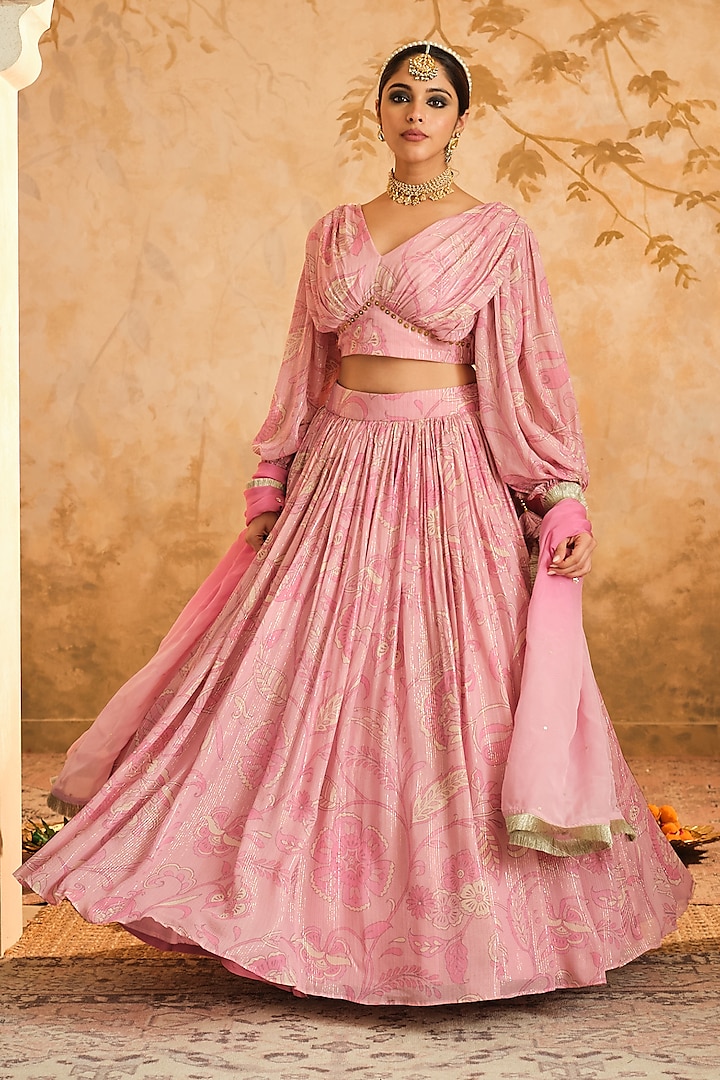 Blush Pink Lurex Georgette Floral Printed Lehenga Set by Blooming Threads at Pernia's Pop Up Shop