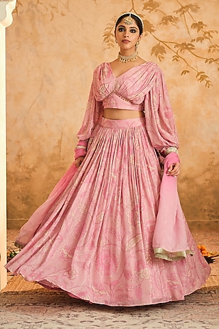 Blush Pink Lurex Georgette Floral Printed Lehenga Set by Blooming Threads