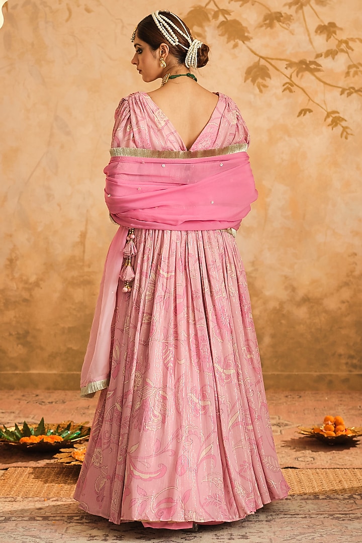 Blush Pink Lurex Georgette Floral Printed Wedding Lehenga Set by Blooming Threads at Pernia's Pop Up Shop