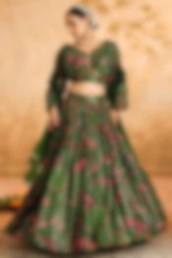 Green Lurex Georgette Floral Printed Lehenga Set by Blooming Threads at Pernia's Pop Up Shop