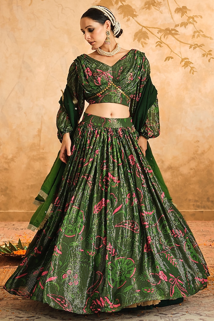 Green Lurex Georgette Floral Printed Lehenga Set by Blooming Threads at Pernia's Pop Up Shop