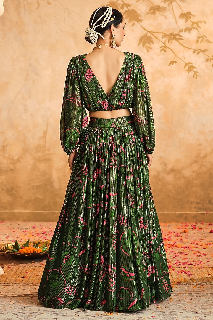 Green Lurex Georgette Floral Printed Wedding Lehenga Set by Blooming Threads at Pernia's Pop Up Shop