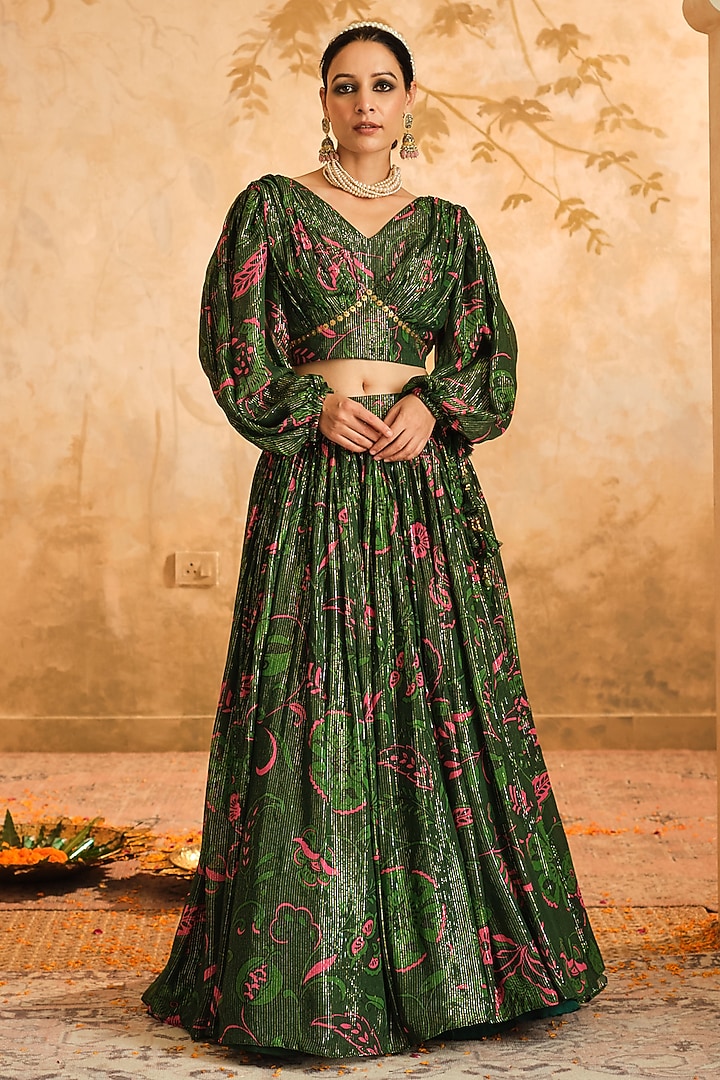 Green Lurex Georgette Floral Printed Wedding Lehenga Set by Blooming Threads at Pernia's Pop Up Shop