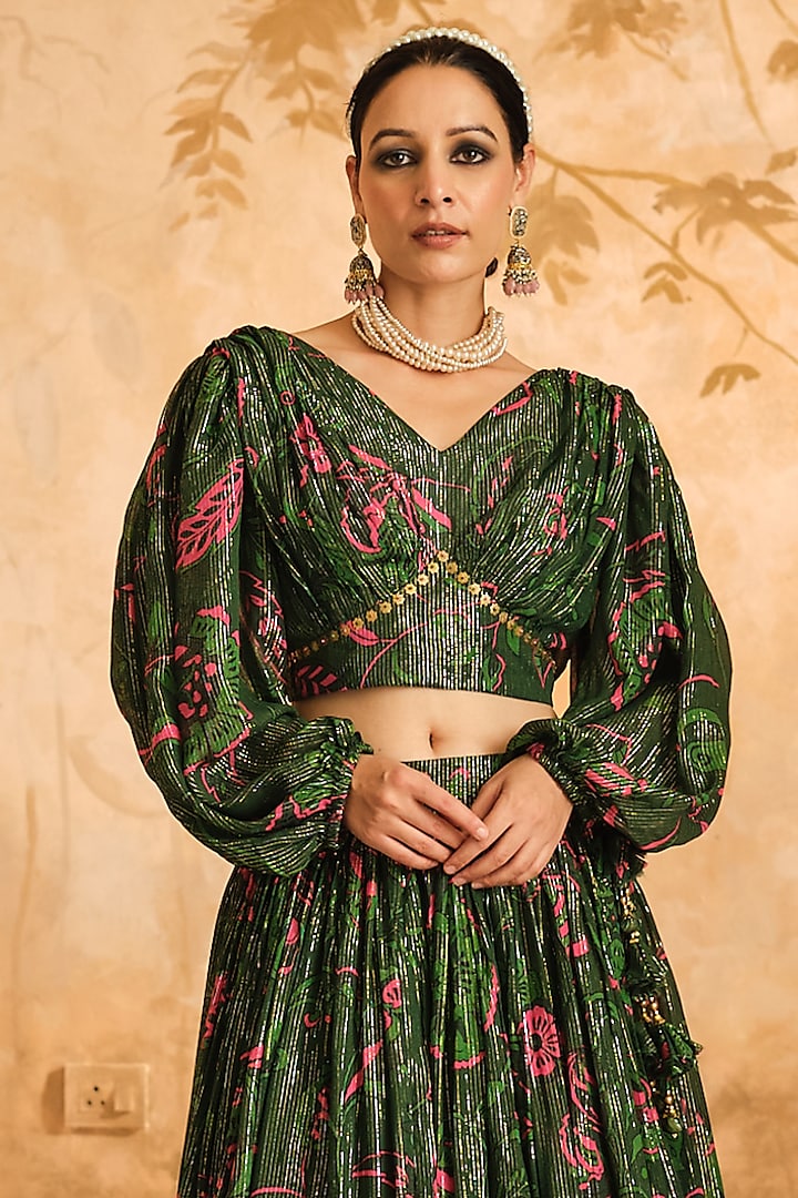 Green Lurex Georgette Floral Printed Wedding Lehenga Set by Blooming Threads at Pernia's Pop Up Shop
