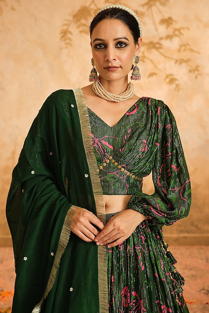 Green Lurex Georgette Floral Printed Wedding Lehenga Set by Blooming Threads at Pernia's Pop Up Shop