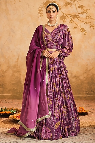 Magenta Lurex Georgette Floral Printed Lehenga Set by Blooming Threads