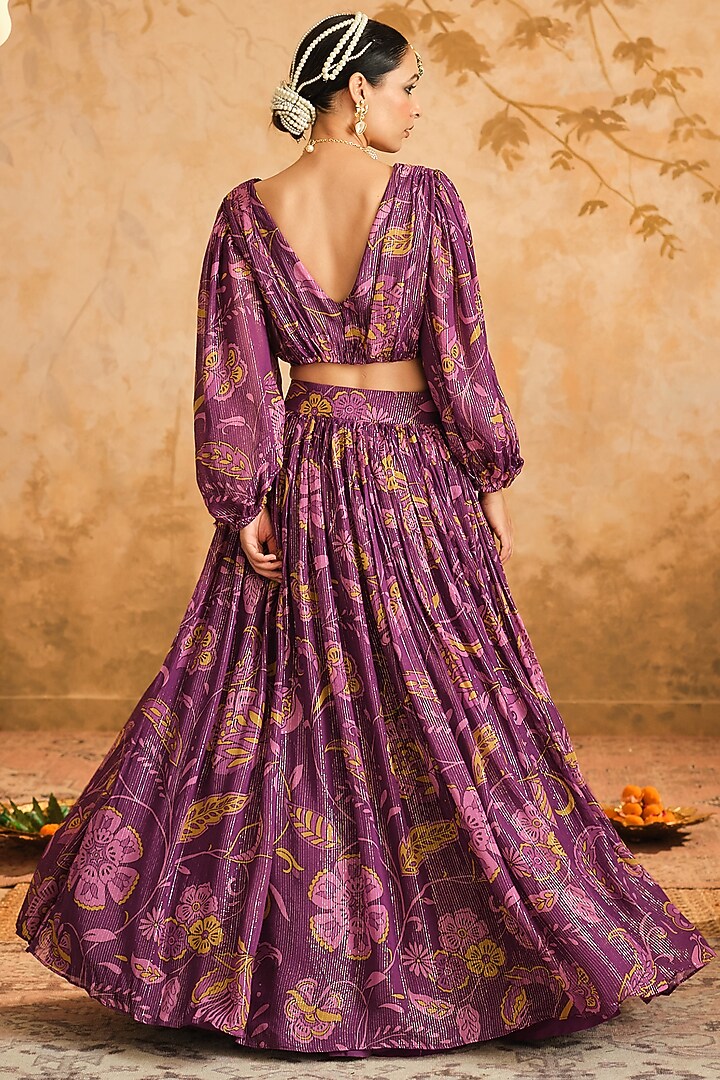 Magenta Lurex Georgette Floral Printed Wedding Lehenga Set by Blooming Threads at Pernia's Pop Up Shop