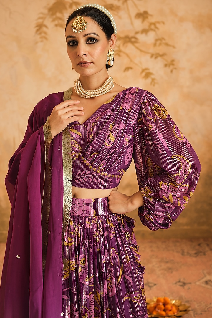 Magenta Lurex Georgette Floral Printed Wedding Lehenga Set by Blooming Threads at Pernia's Pop Up Shop