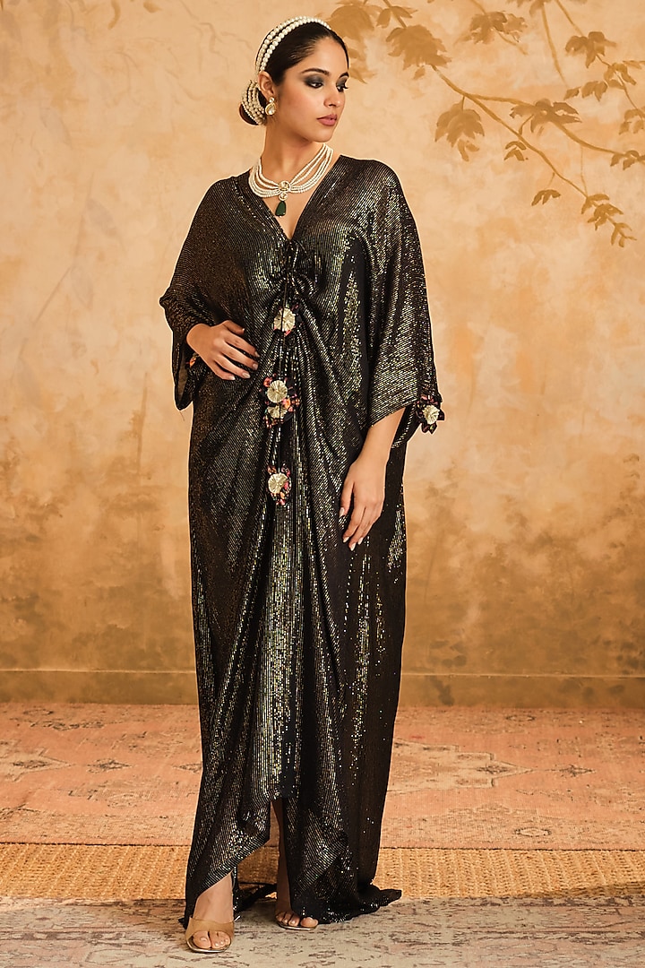 Black Lurex Georgette Draped Kaftan by Blooming Threads at Pernia's Pop Up Shop