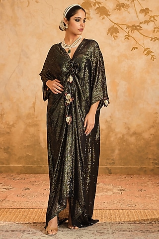 Black Lurex Georgette Draped Kaftan by Blooming Threads