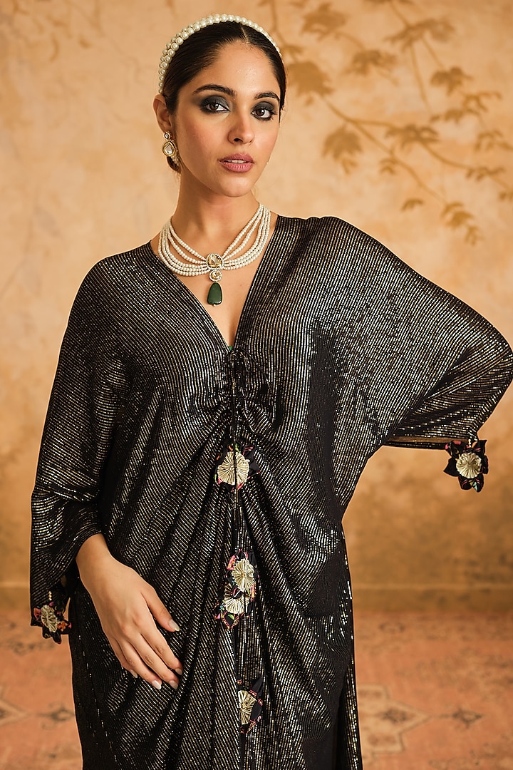 Black Lurex Georgette Draped Kaftan by Blooming Threads at Pernia's Pop Up Shop