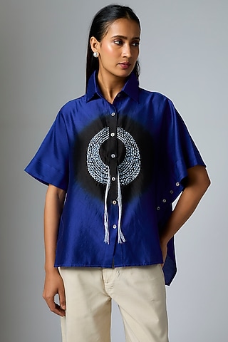 Royal Blue Silk Chanderi Shibori Printed Shirt by Inca