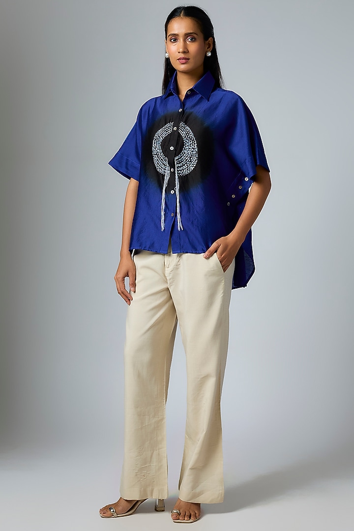 Royal Blue Silk Chanderi Shibori Printed Shirt by Inca at Pernia's Pop Up Shop
