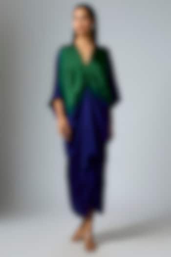 Blue & Green Bemberg Satin Dip-Dyed Printed Kaftan by Inca at Pernia's Pop Up Shop