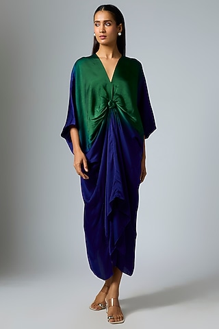 Blue & Green Bemberg Satin Dip-Dyed Printed Kaftan by Inca