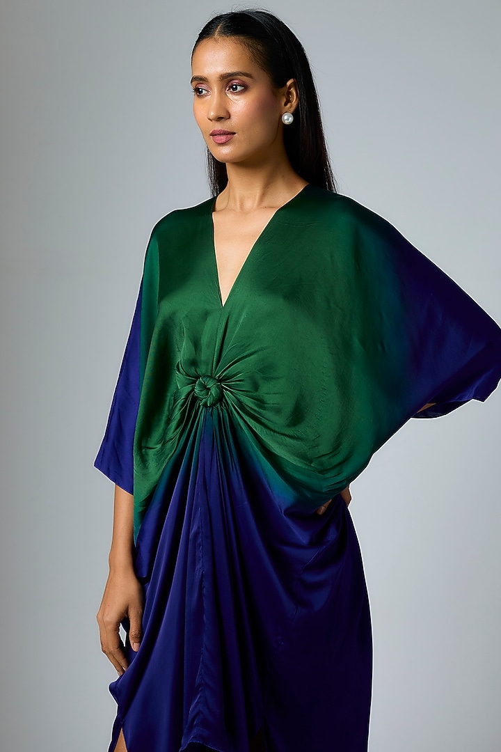 Blue & Green Bemberg Satin Dip-Dyed Printed Kaftan by Inca at Pernia's Pop Up Shop